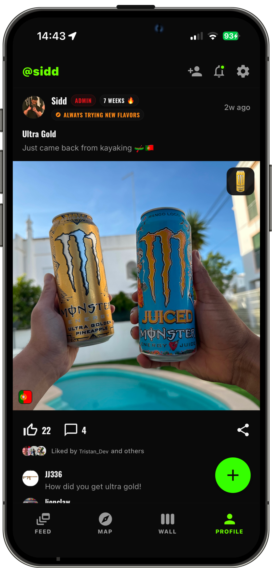 BeastVault app feed showing Monster Energy finds and posts
